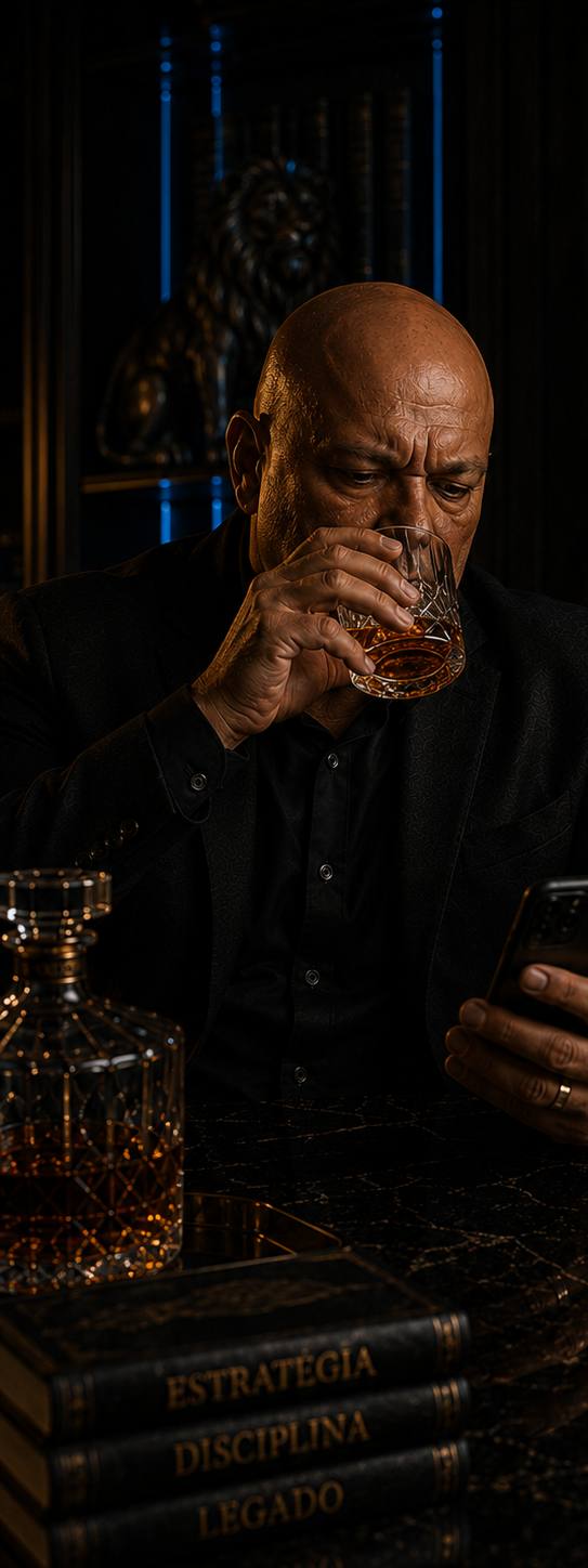 Daniel Cossi com copo e celular, em escritório escuro