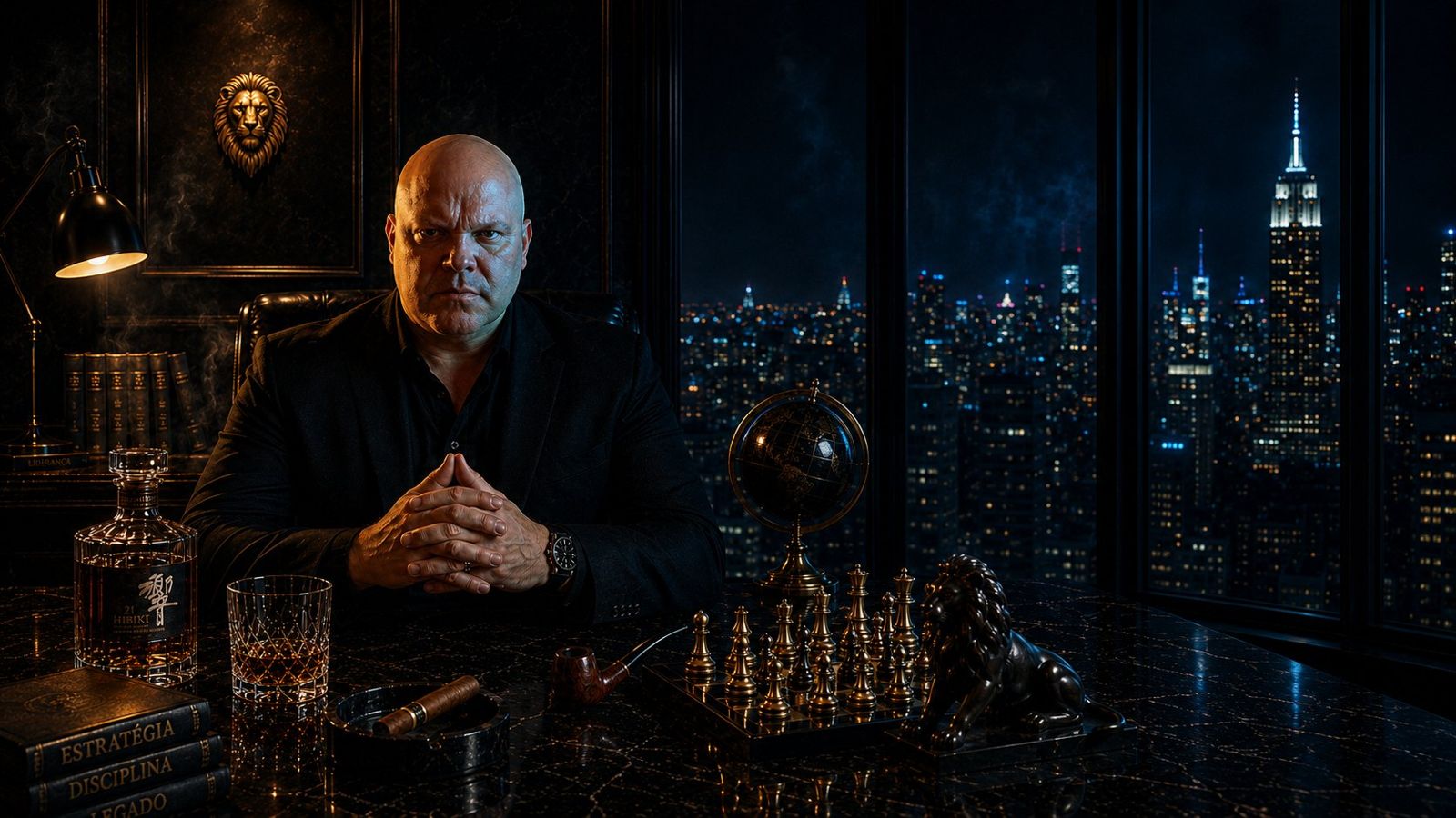 Daniel Cossi seated at a marble desk, the city skyline at night behind him